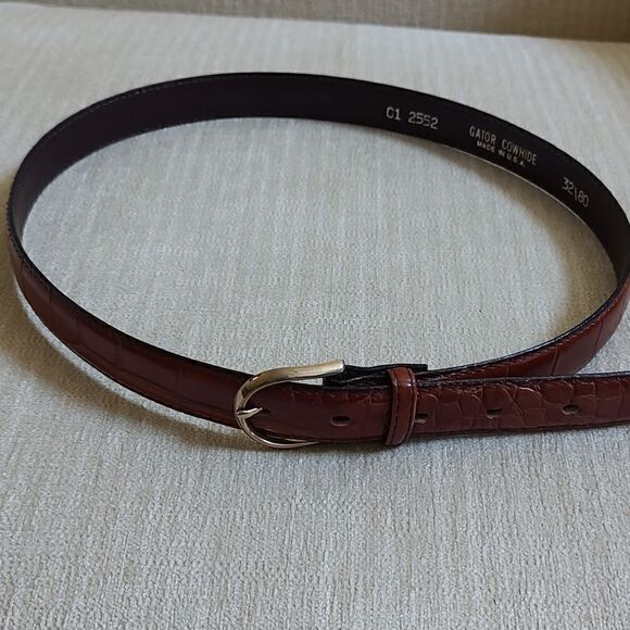 Gator Cowhide Brown Leather Belt Gold Buckle Size 32 - Picture 9 of 11